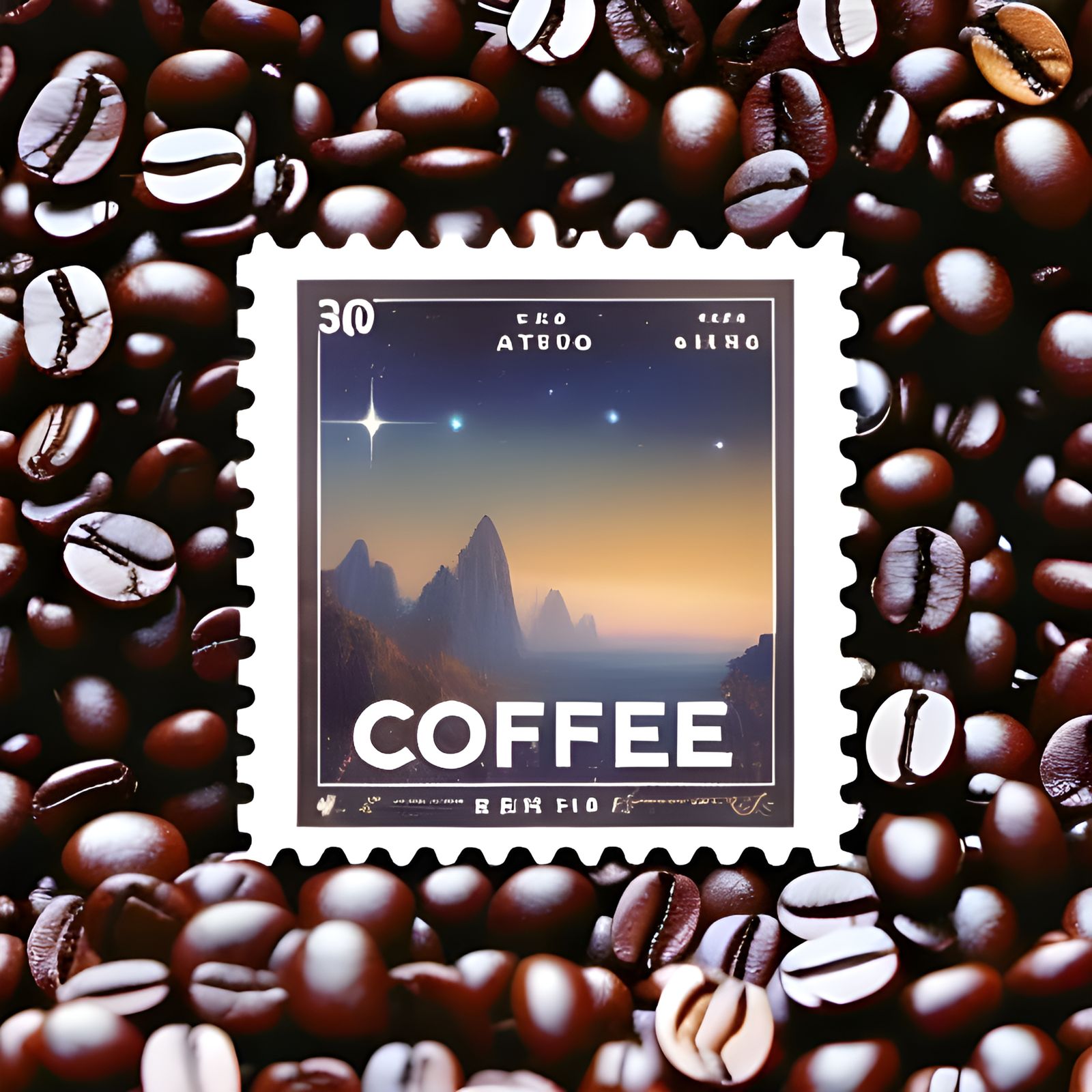 Coffee Bean Postage Stamp in Night Sky