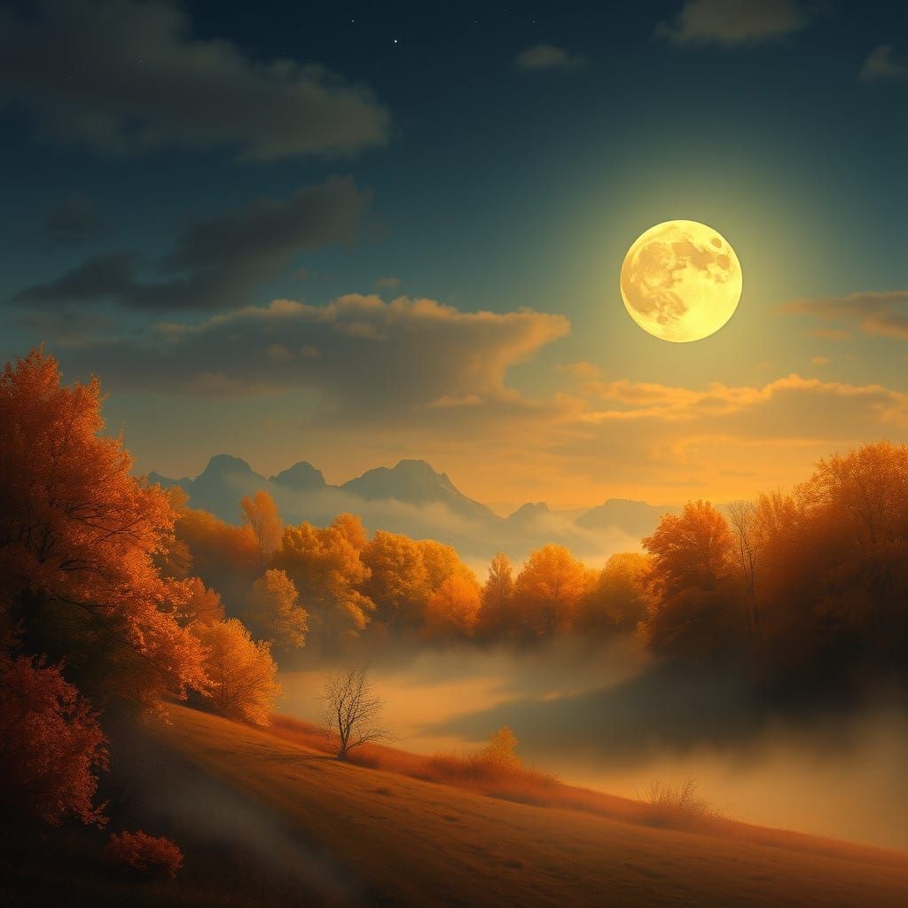 Golden Copper Autumn Landscape under a Rising Moon