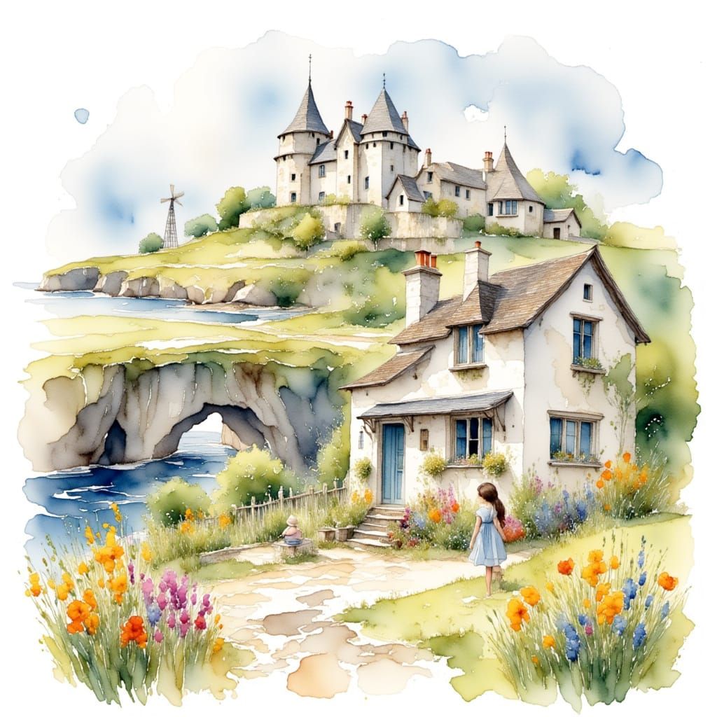 Quaint Cottage Scene in Vivid Watercolours