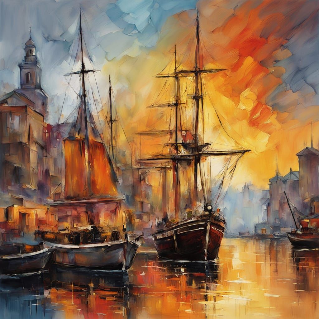 Impressionistic Ships in Vibrant Harbor