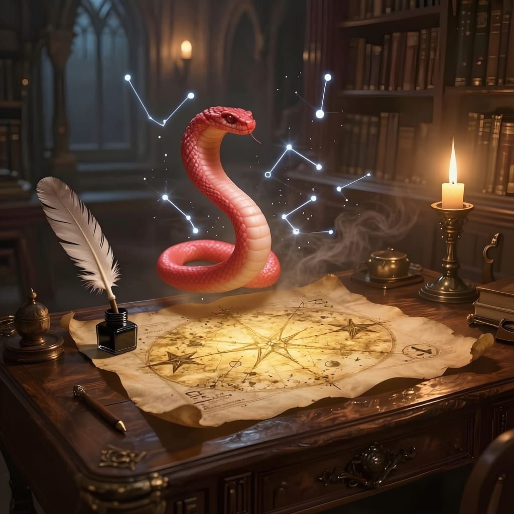 Mystical Cobra Constellation Map in Gloomy Castle Library