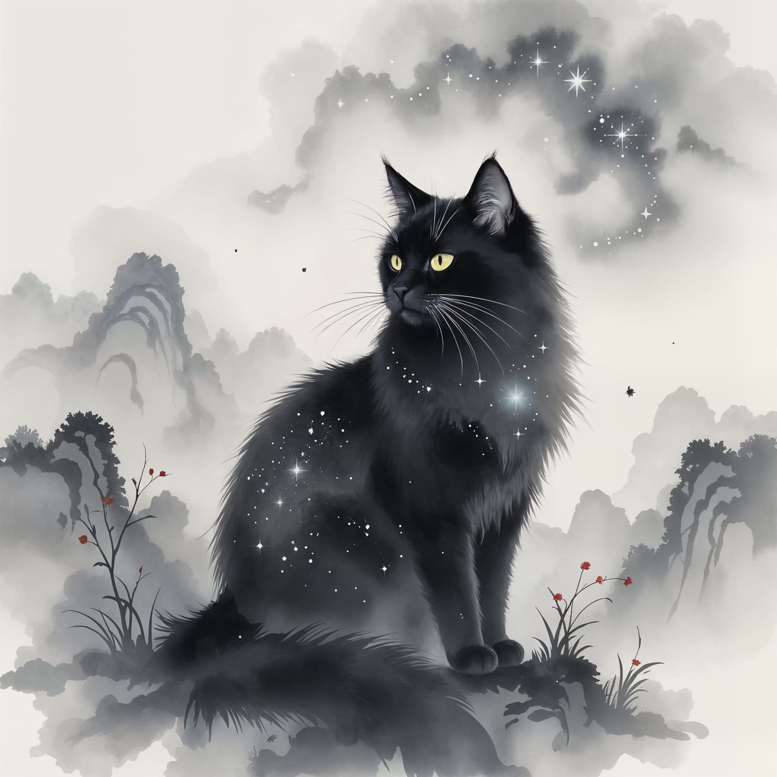 Celestial Black Cat in Chinese Watercolor Style