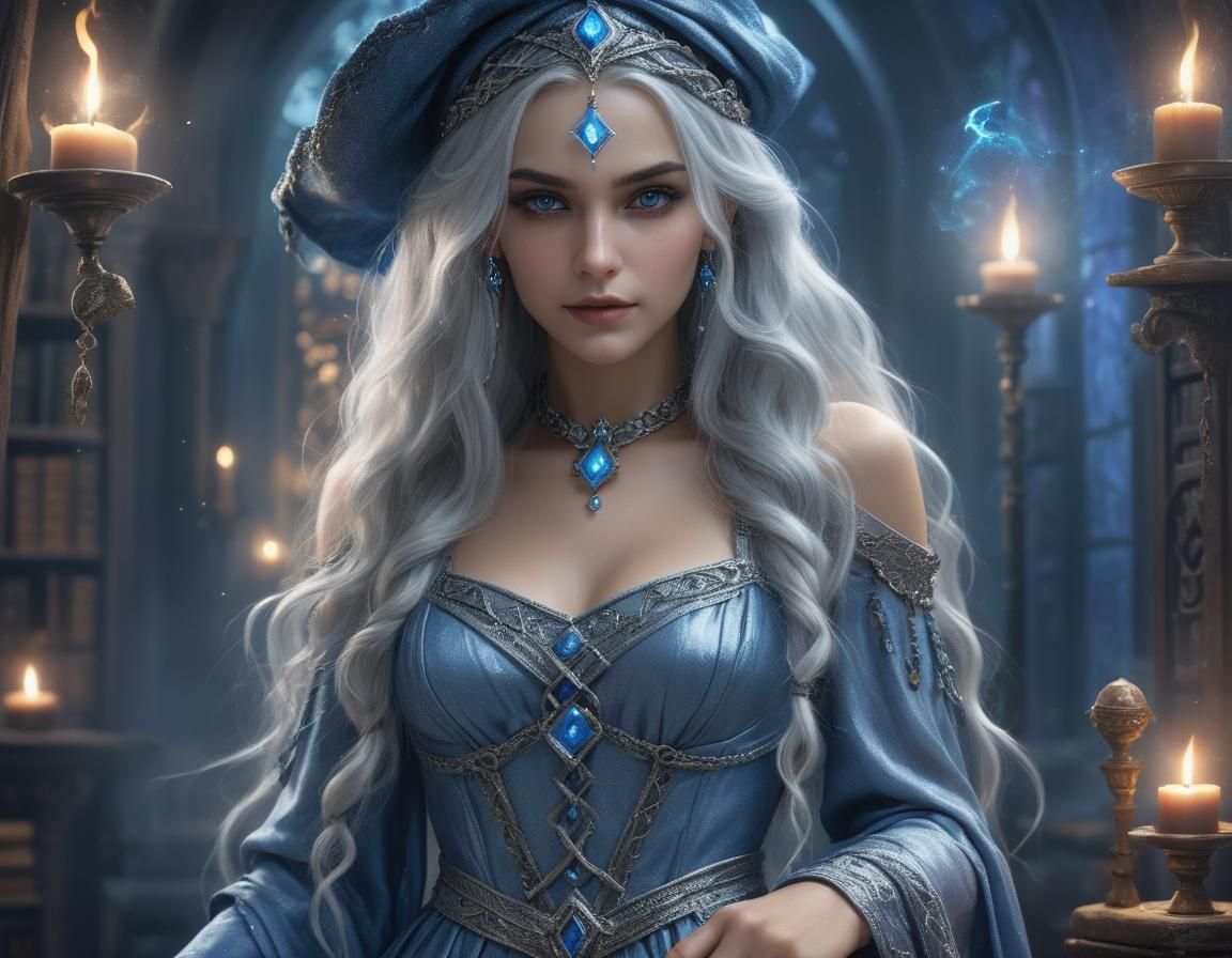 European Witch Portrait in Enchanted Library