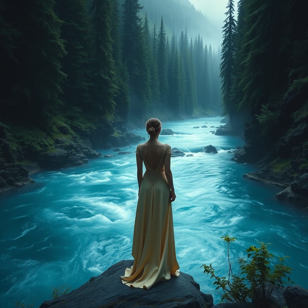 Woman by Blue River in Digital Painting Style