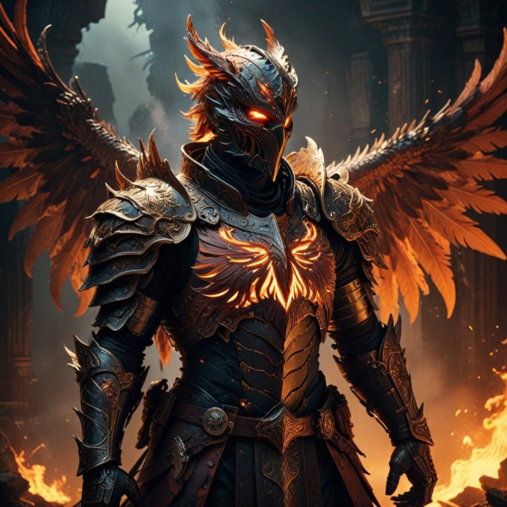 Epic Fantasy Warrior Phoenix-Dragon Knight in Gritty 35mm Fi...