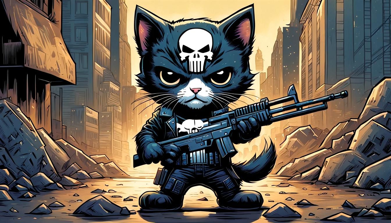 Kitten as The Punisher in Comic Book Style