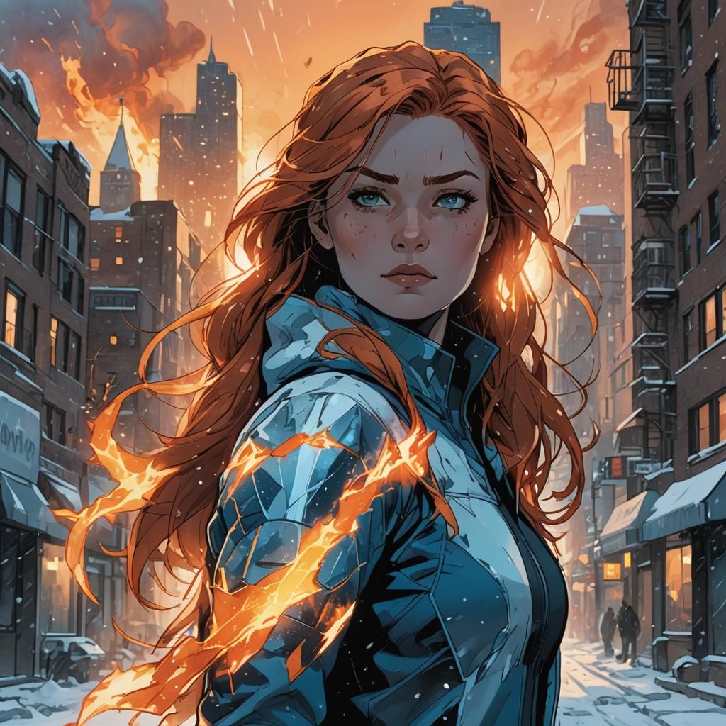 Hybrid Heroine in Snowy City: Comic Book Art