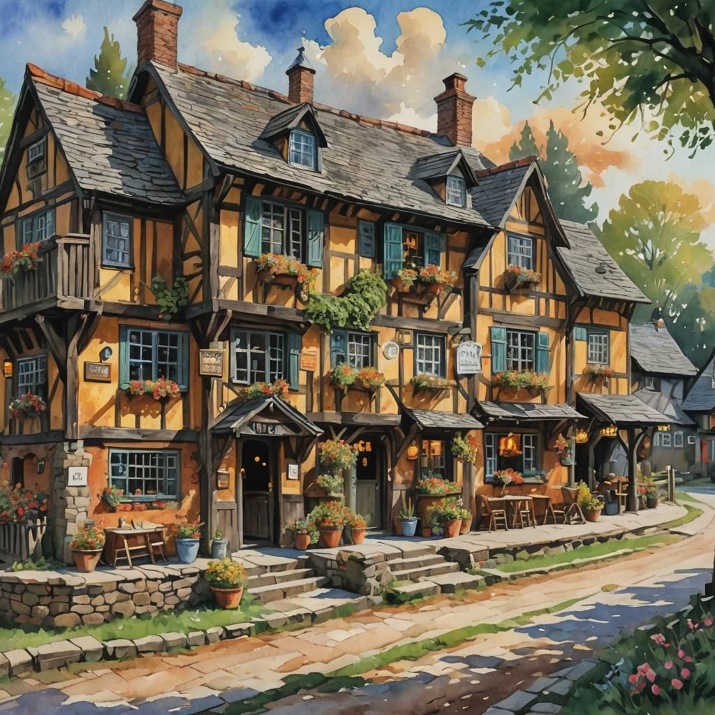 The Prancing Pony Inn in Gouache Style