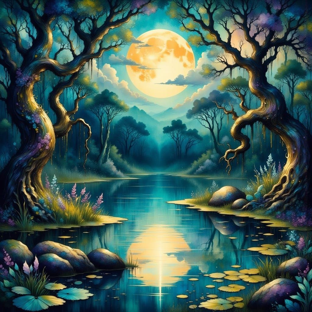 Luminous Moonlit Cypress Swamp in Dreamy Brushstrokes