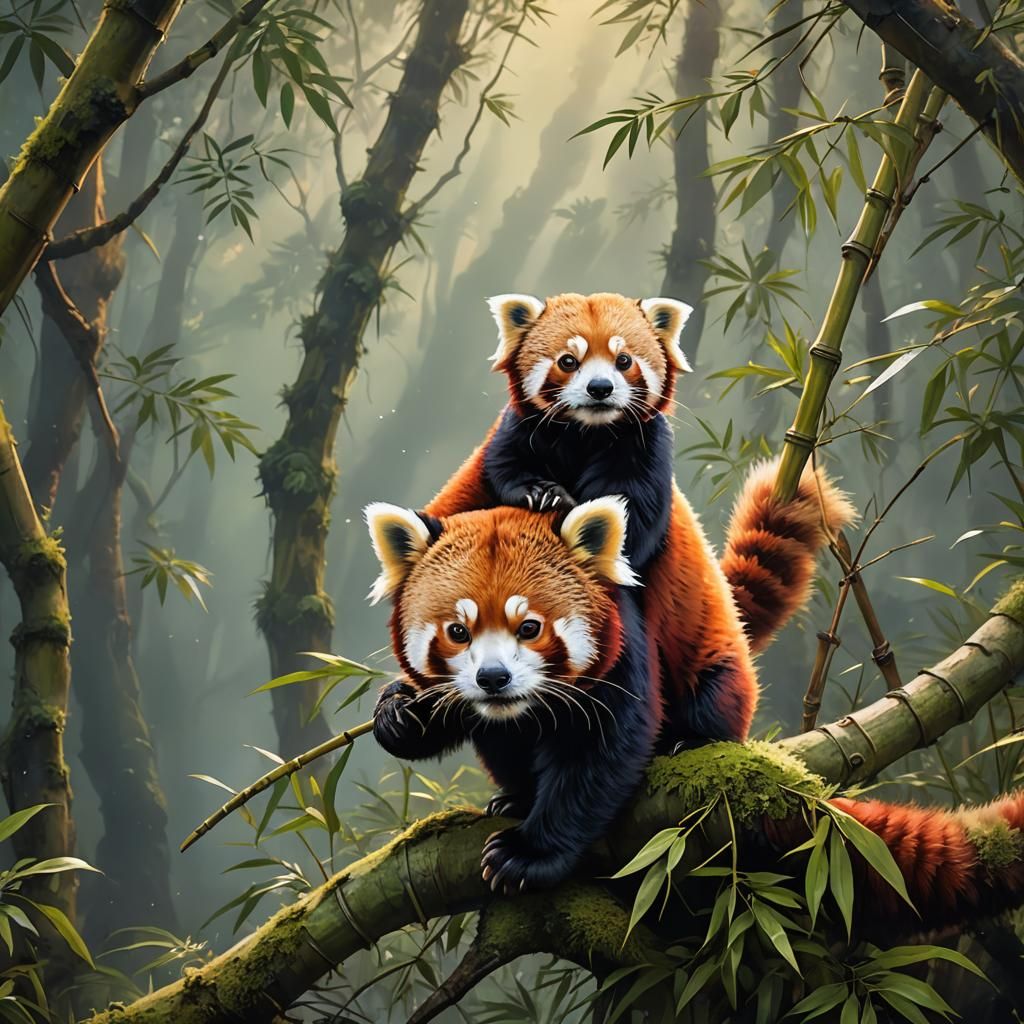 Red Panda Eats Bamboo in Vibrant Oil Painting