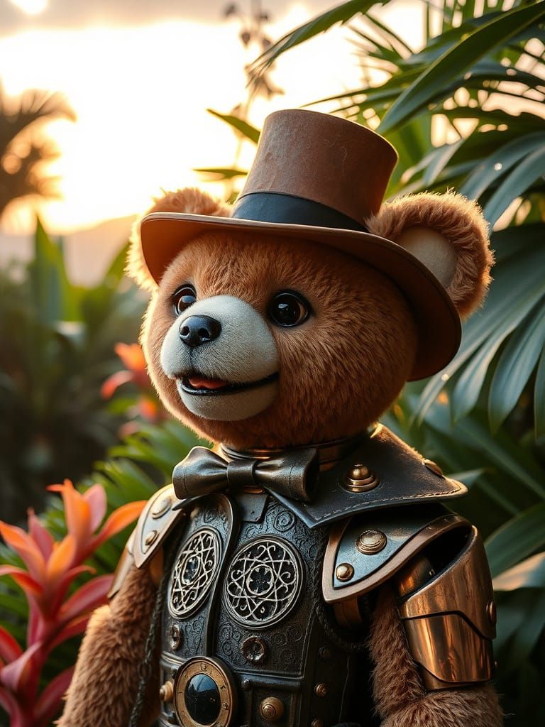 Whimsical Teddy Bear in Tropical Sunrise Landscape