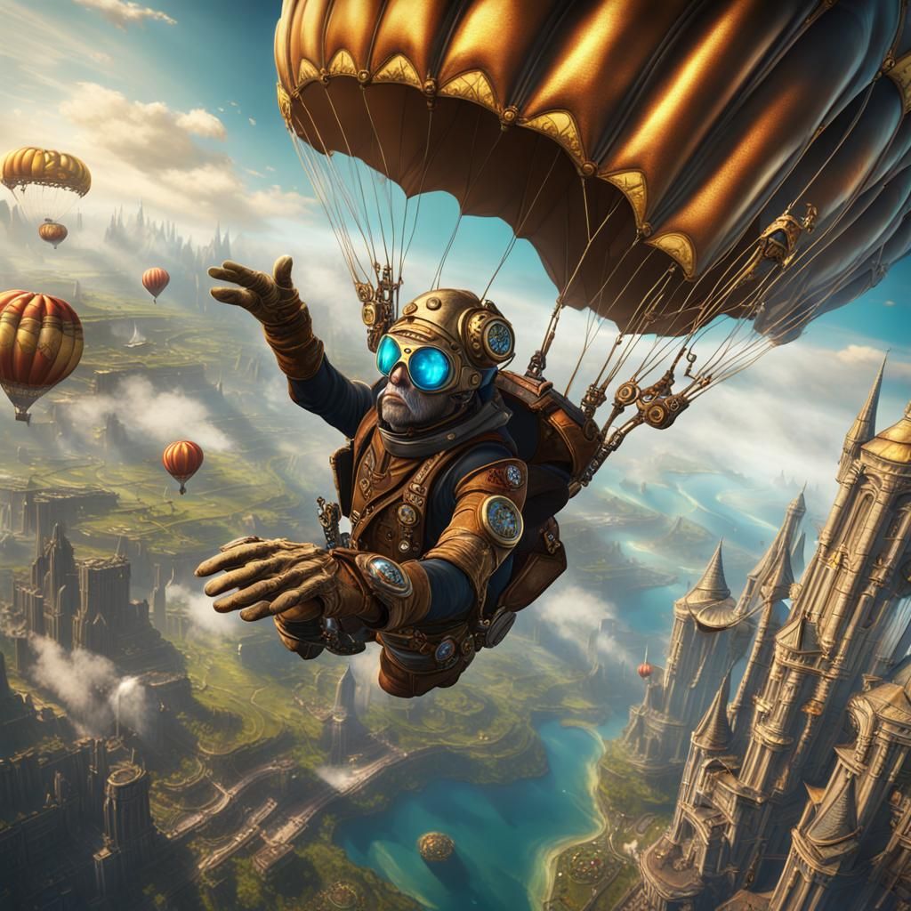 Steampunk Wizard Skydiving in Detailed Matte Painting