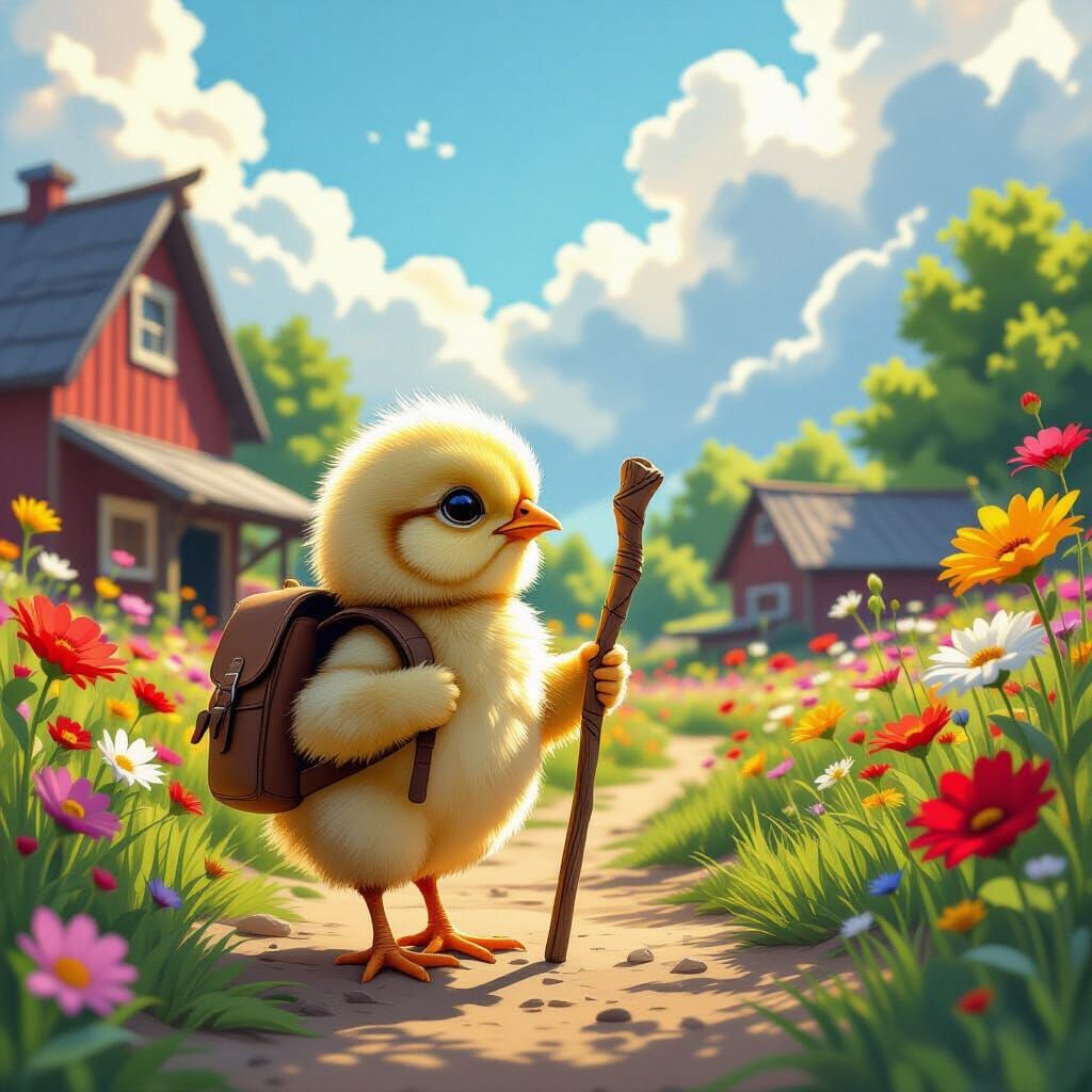 Chick's Farmyard Journey: Stylized Digital Concept Art