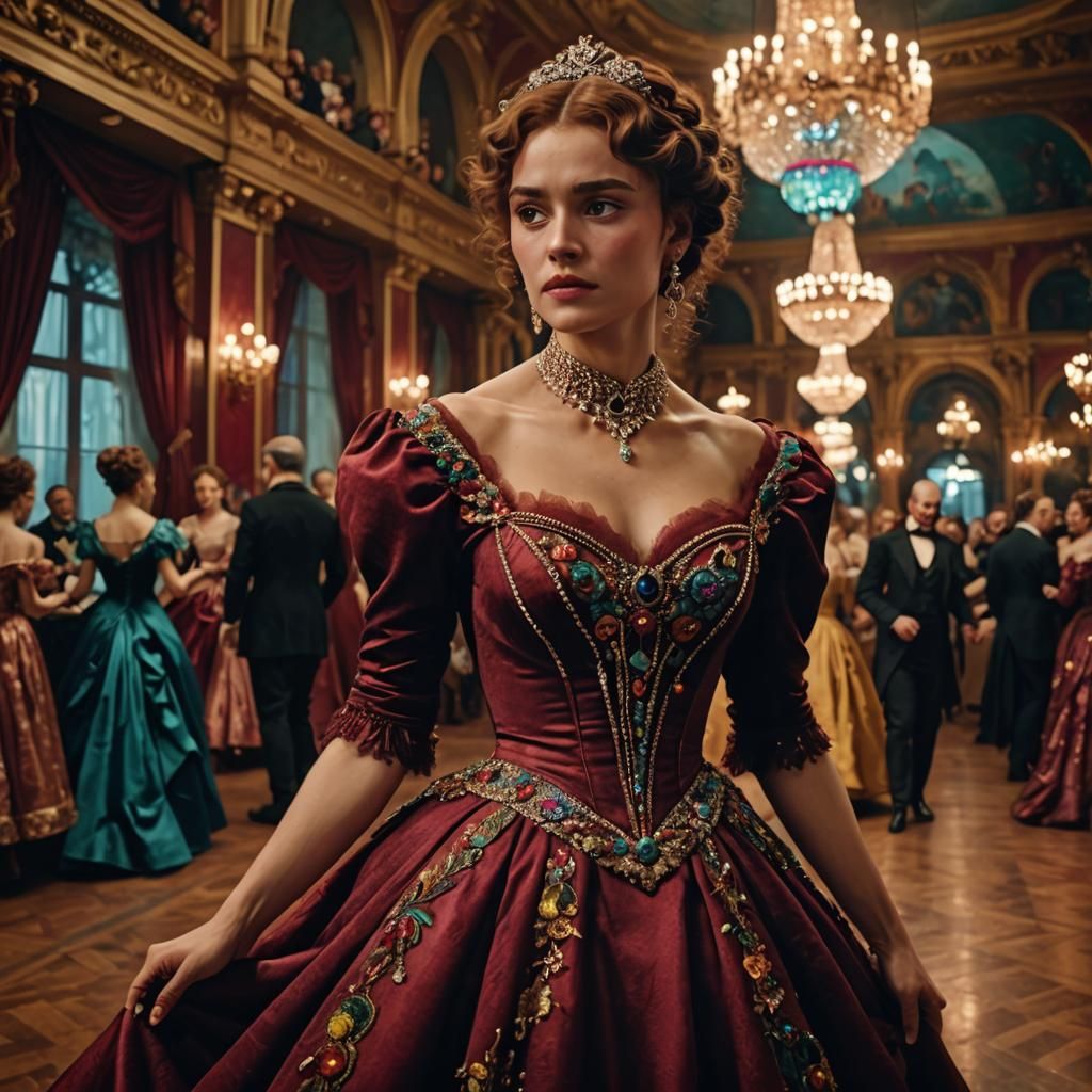 Anna Karenina in Majestic Dress at Ball, Hyperrealistic