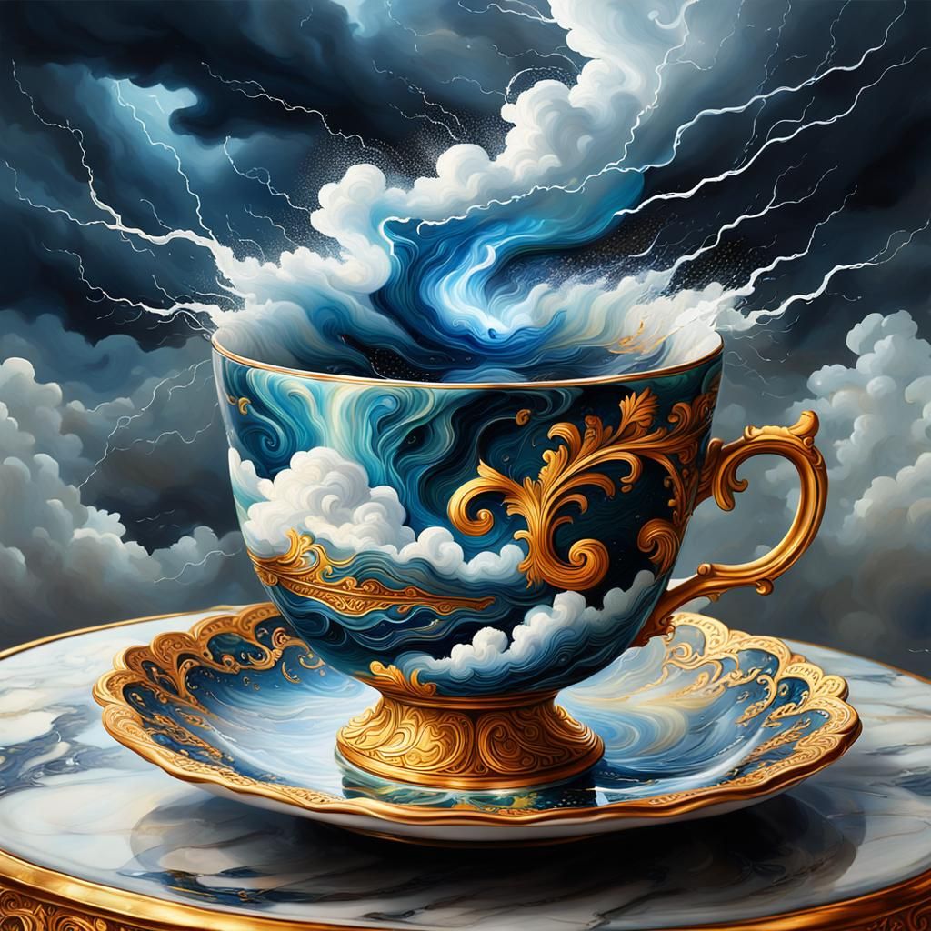 A captivating storm with lightning and rain captured inside an ornate tea cup