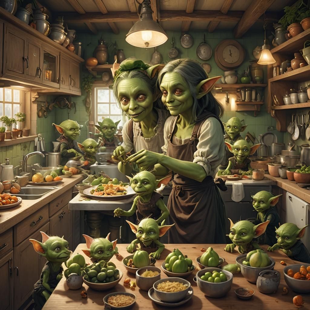 Cozy Kitchen Scene with Woman Feeding Goblins