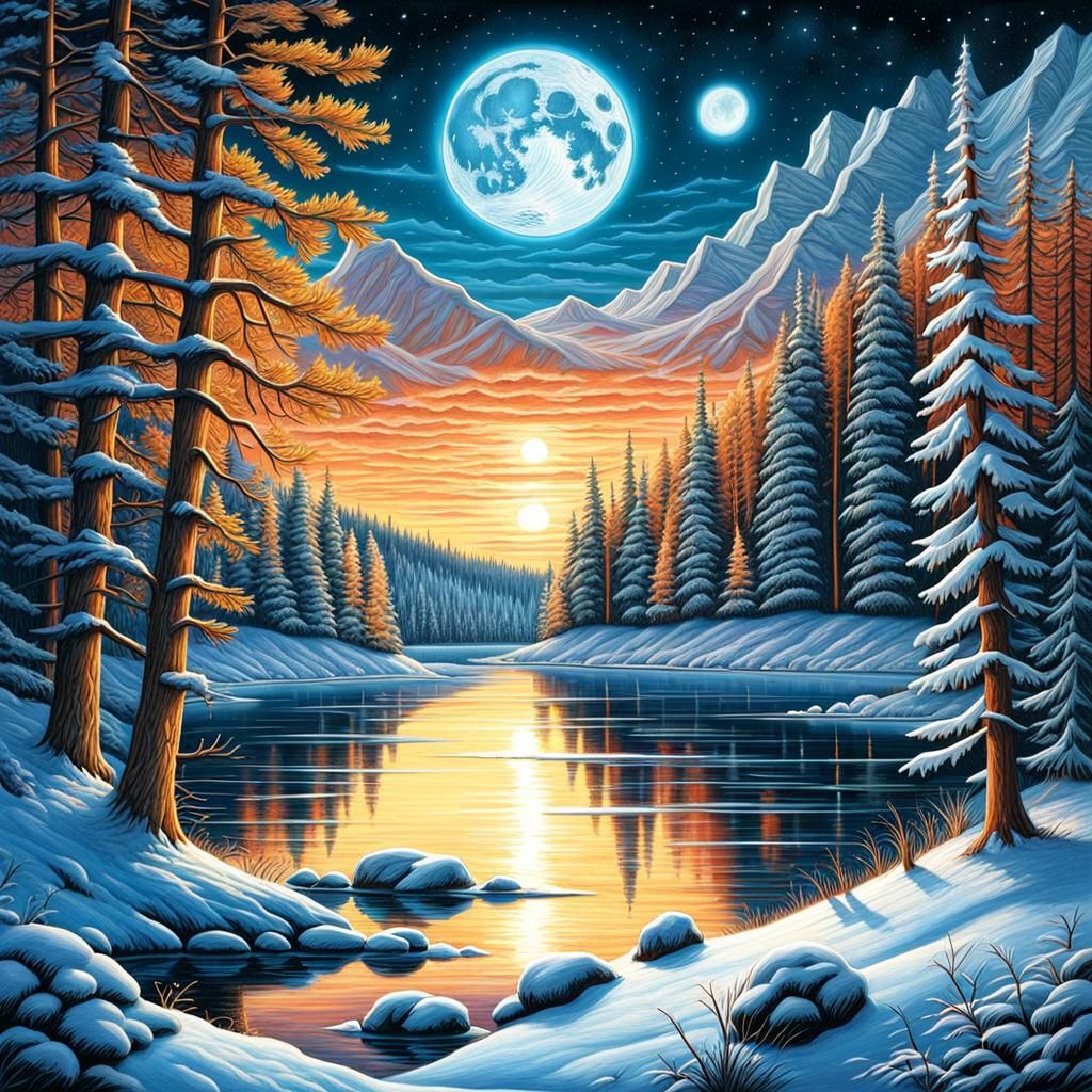 Winter Lake Bonfire: Colored Pencil Drawing