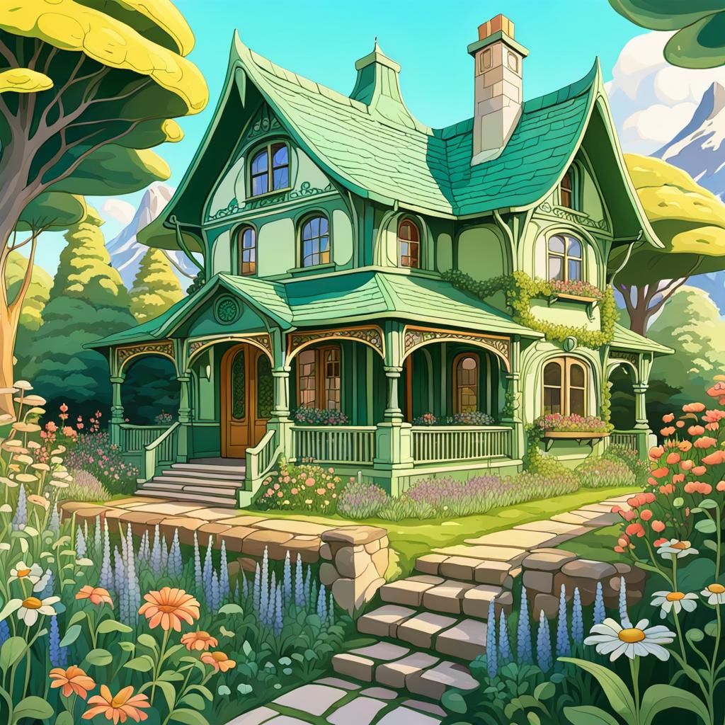 Art Nouveau Cottage in Cel-Shaded Wildflower Garden