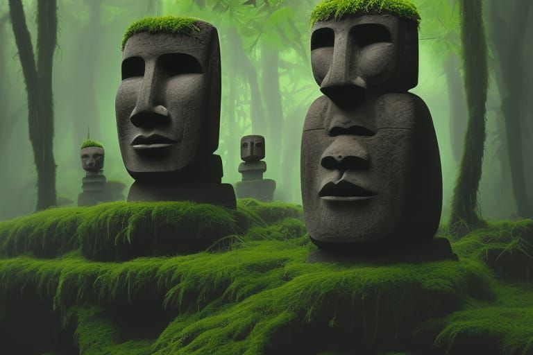 Moss Covered Tiki Gods in a Fantasy Jungle