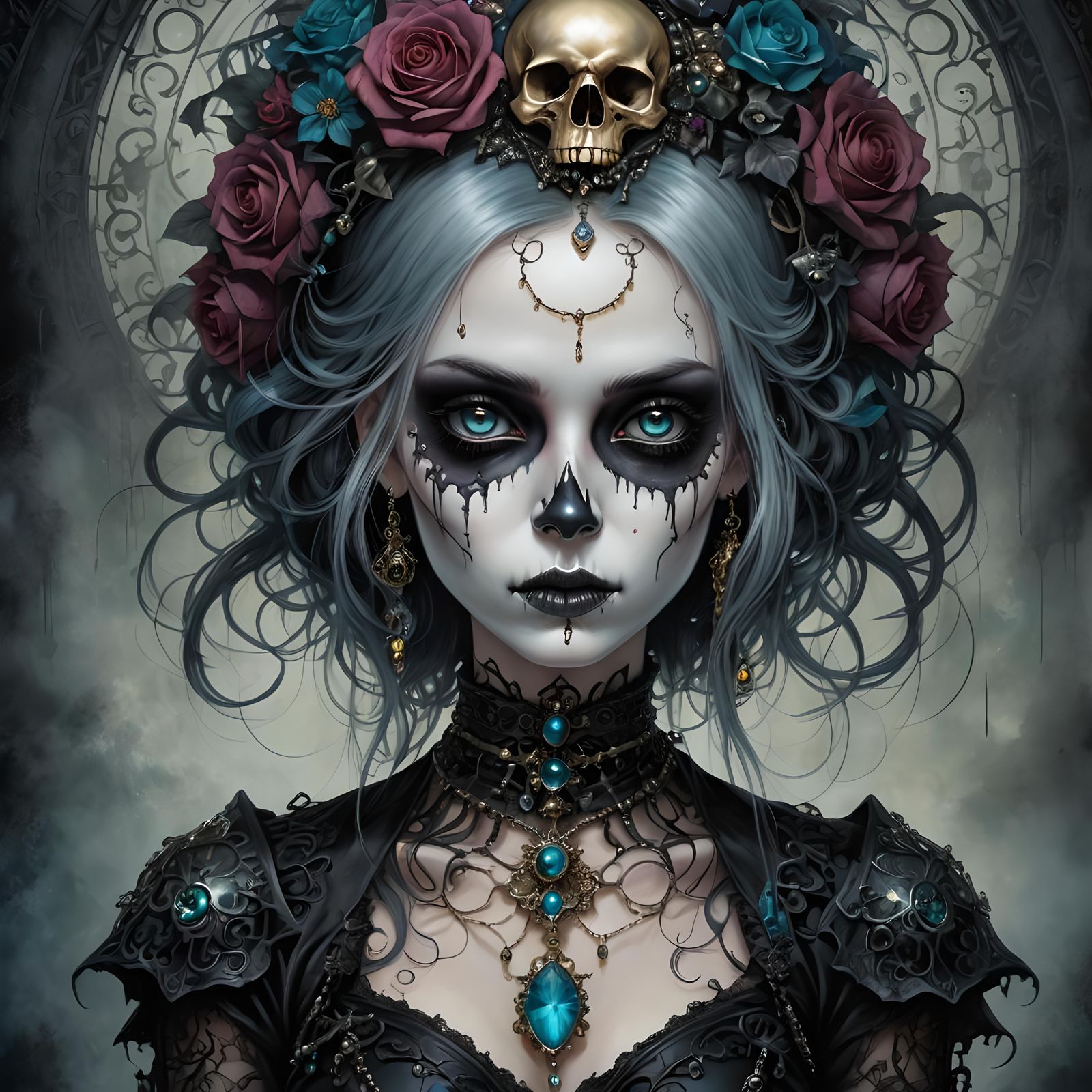 Goth Punk Girl Portrait with Bioluminescent Skull