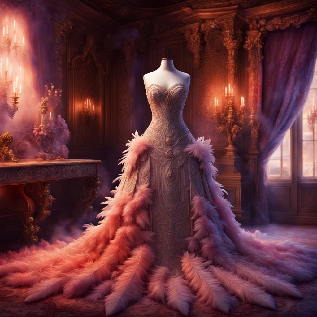 A very detailed dress pie in a very detailed fireplace with flames and wood decorated by feathers and pearls , white blo...