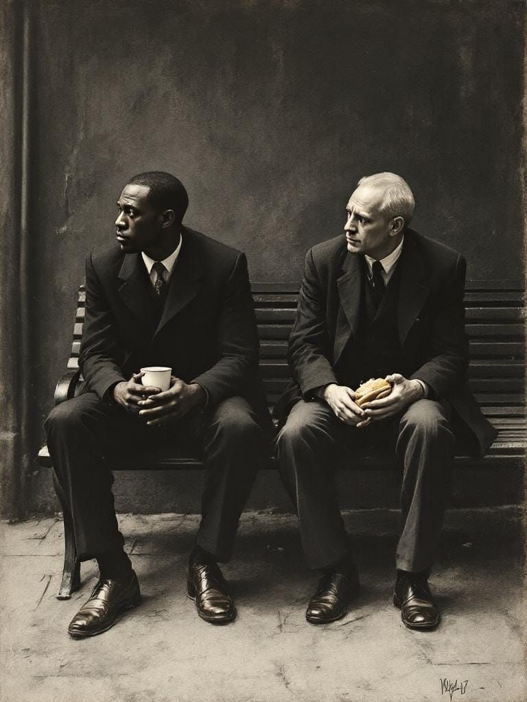 Men on Bench in 1930s Urban Setting, Charcoal Drawing