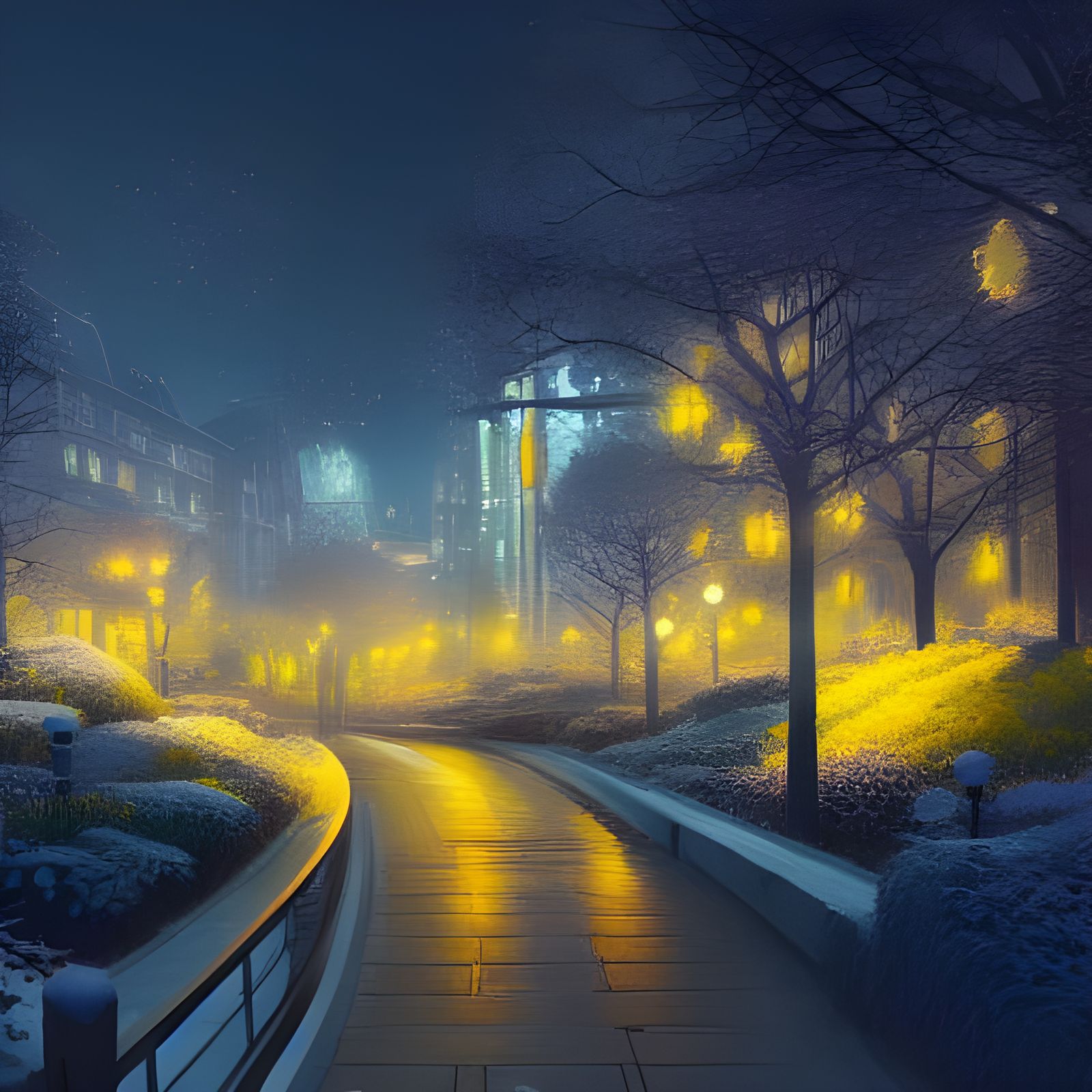 Winter Night Cityscape in Dramatic Lighting