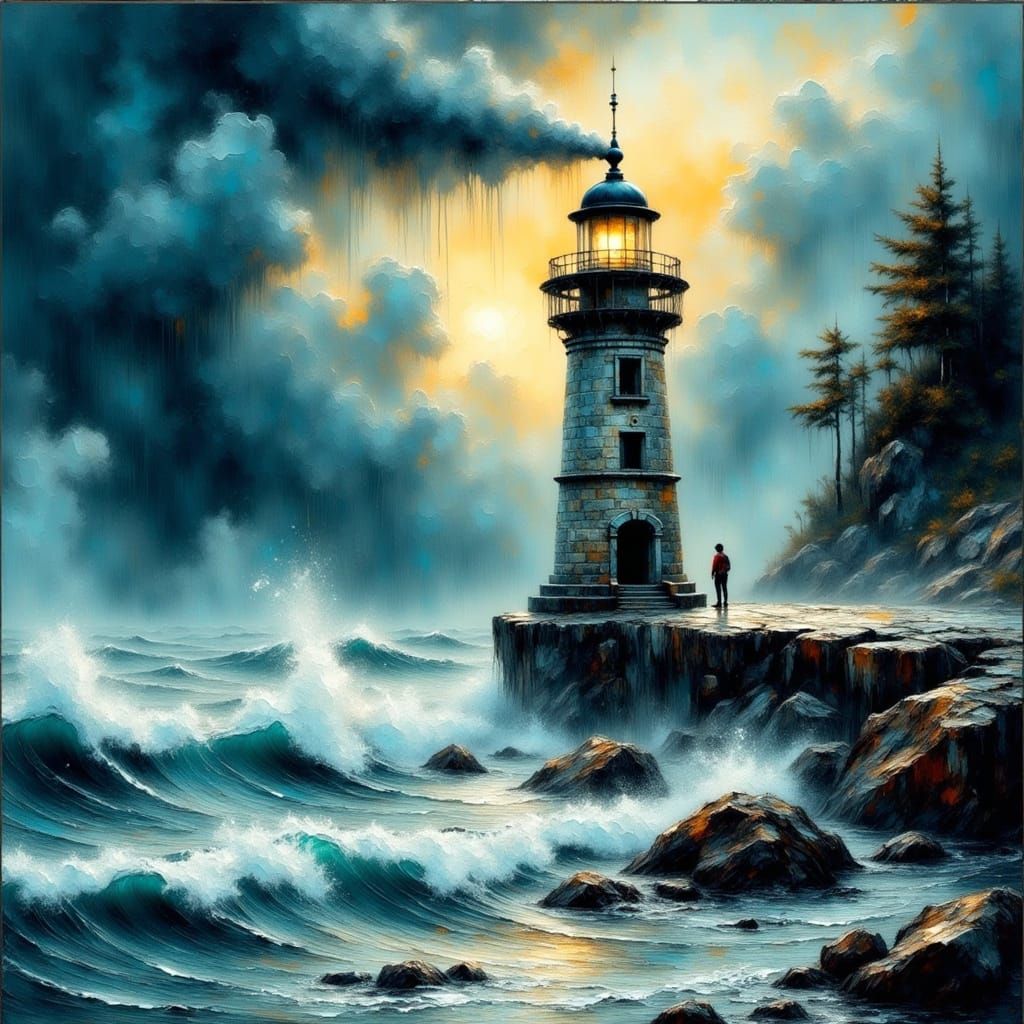Impasto Storm Lighthouse on Windswept Cliff