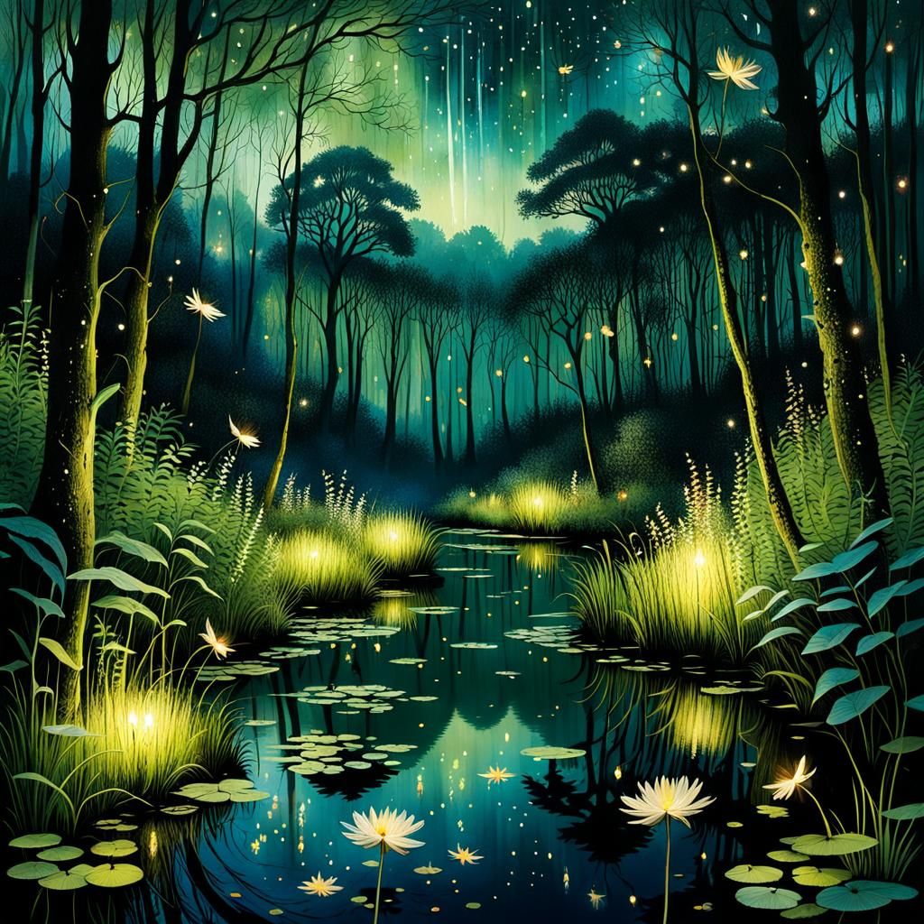 Enchanted Forest with Dancing Fireflies at Night