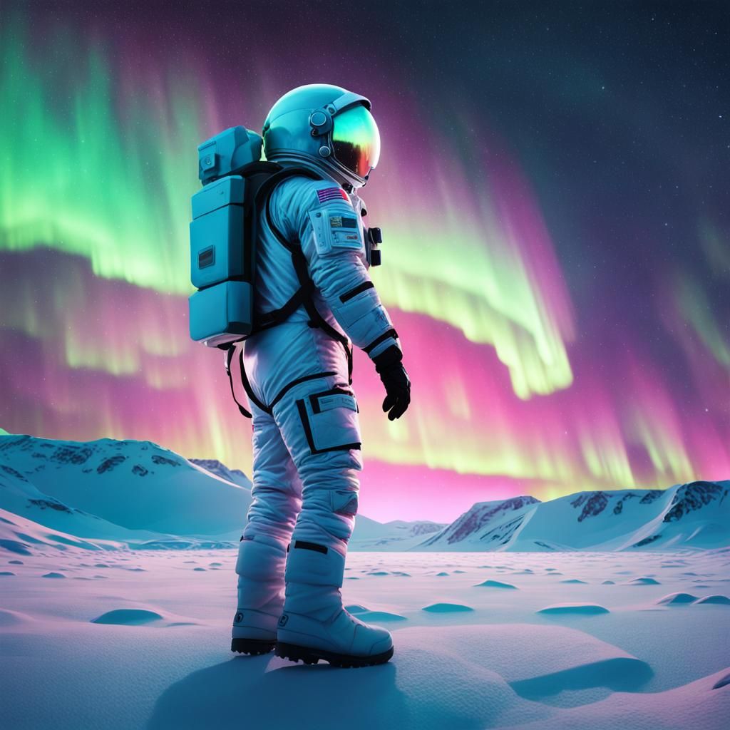 Astronaut Watches Northern Lights in Arctic Landscape