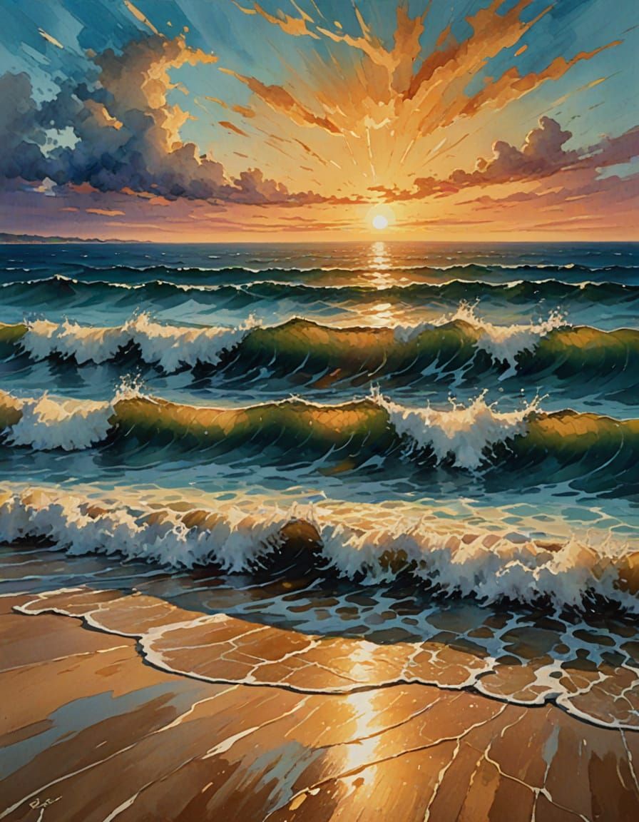 Epic Gouache Masterpiece of a Dreamlike Figure Among Turquoi...