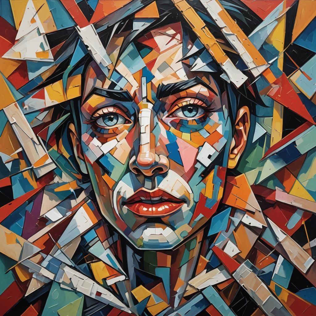 Cubist Distorted Face in Chaotic Room