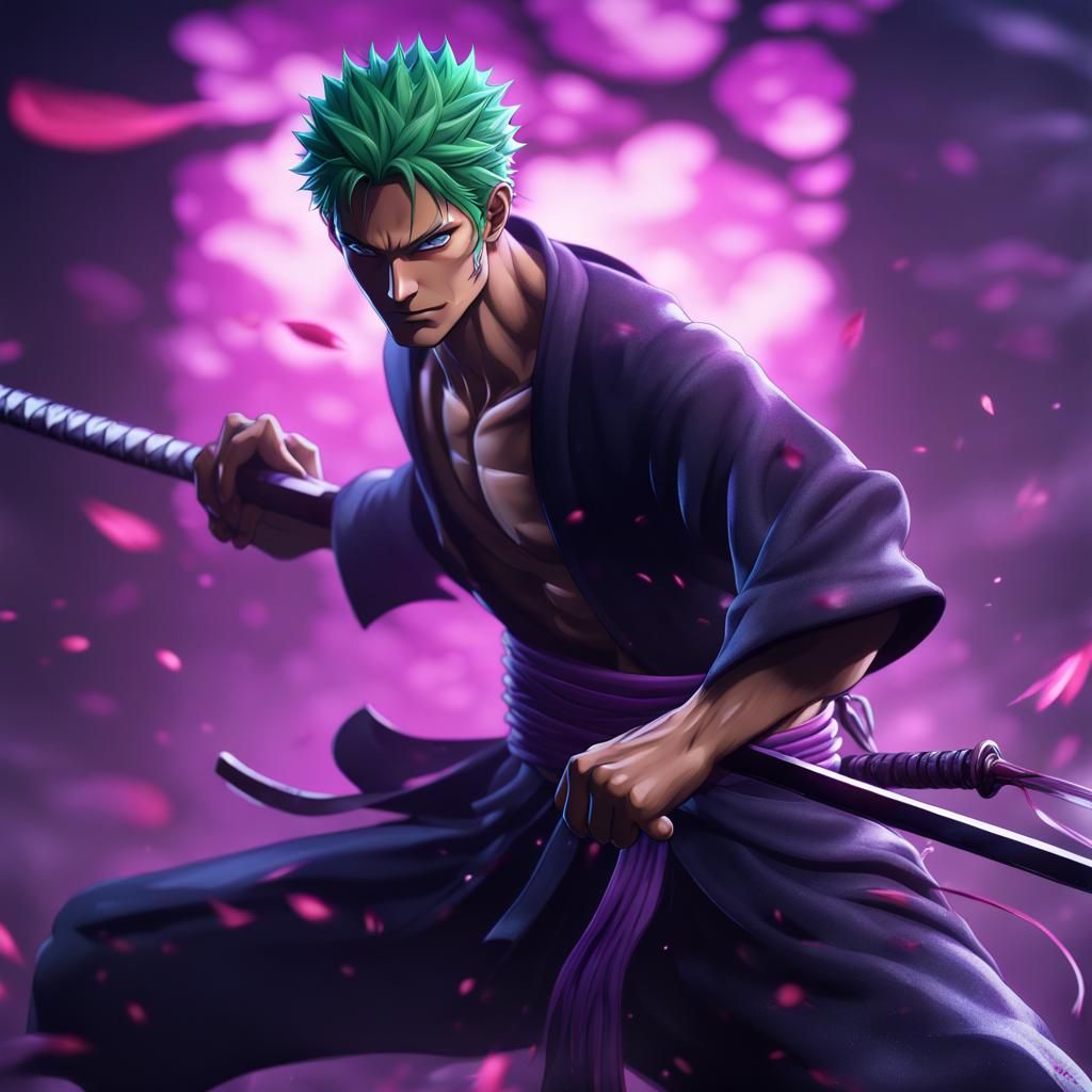 Anime Swordsman with Nine Katanas and Purple Aura