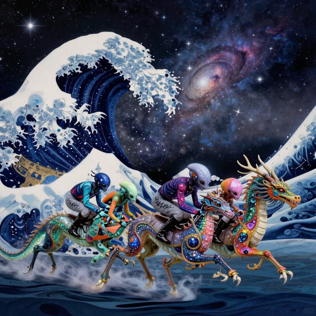 Alien Jockeys Race Sea Dragons Across Starry Galaxy