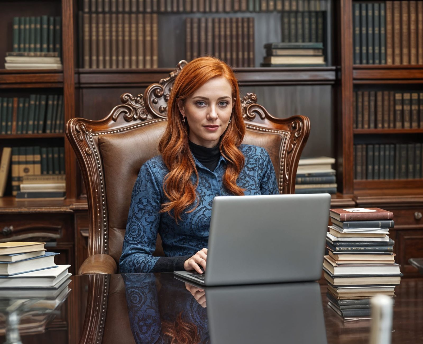 Female CEO at Mahogany Desk in Executive Office
