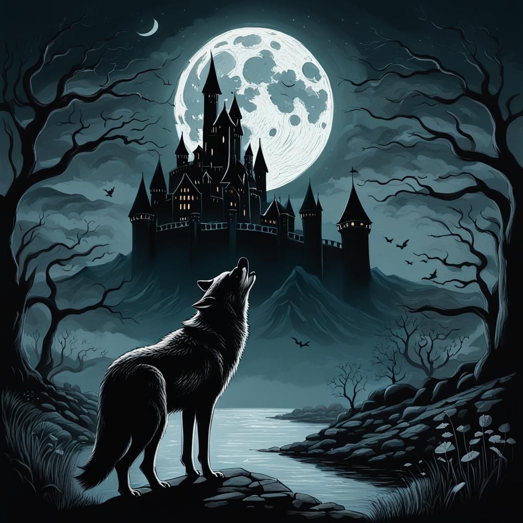 Wolf Woman Under Eerie Castle Moon
