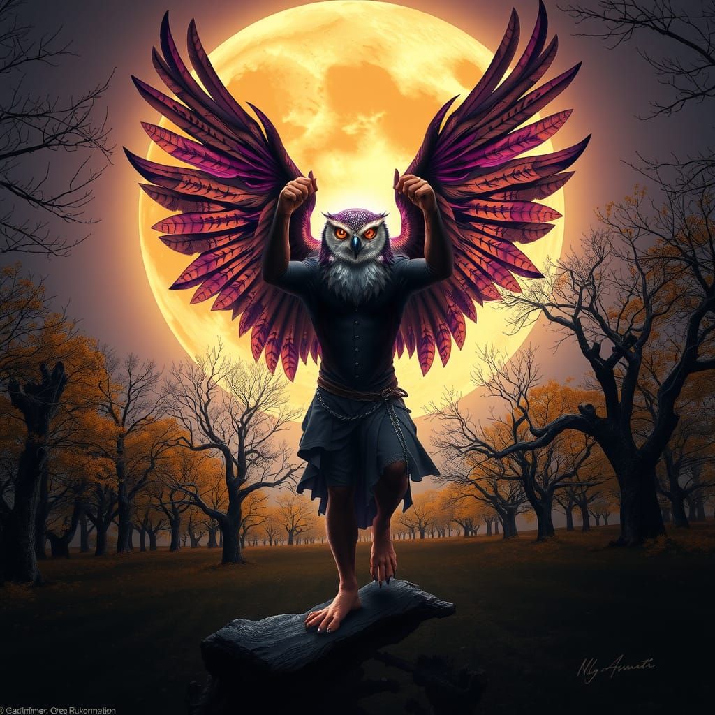 A hybrid of  half man and half owl, standing in a back groun...