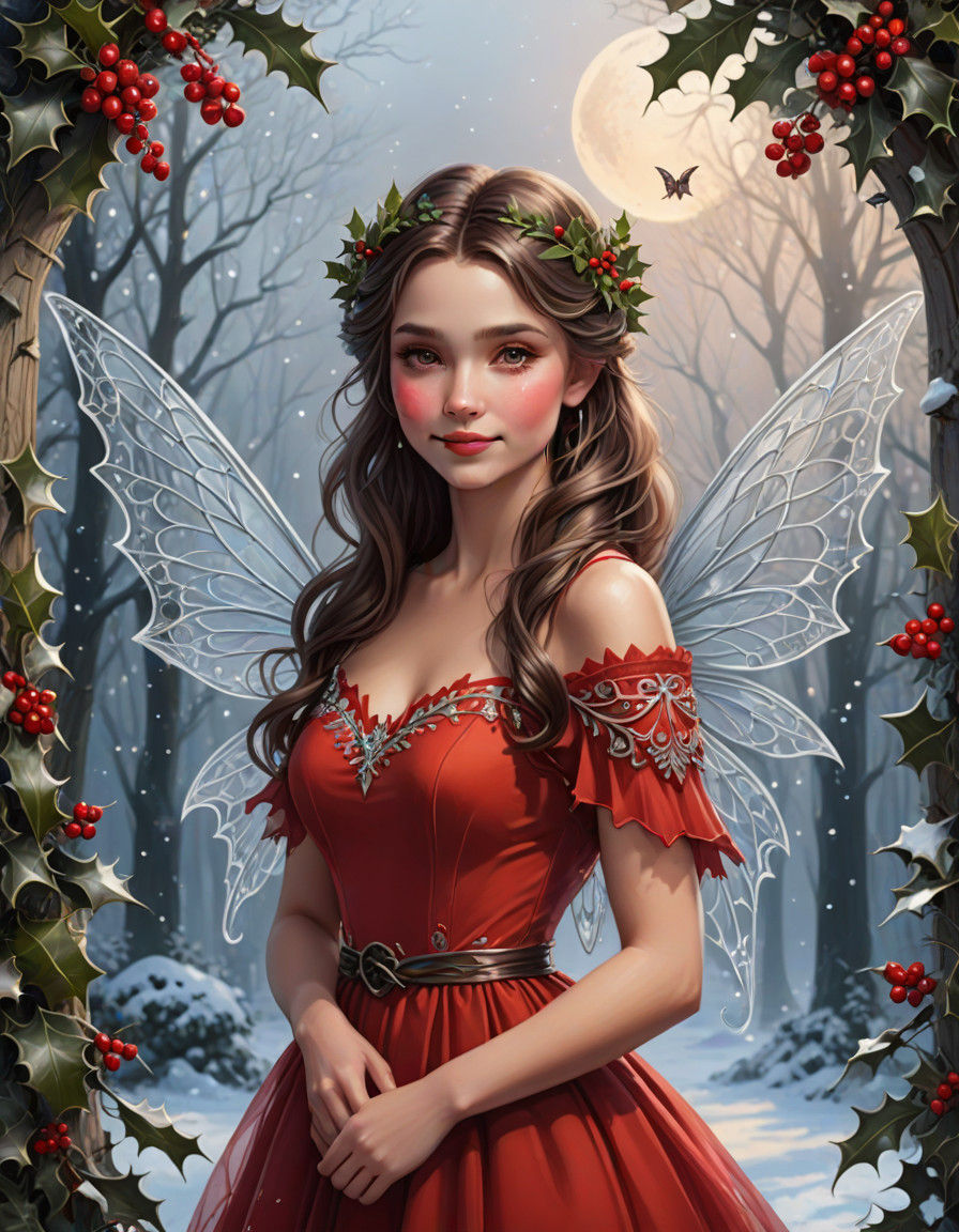 Winter Fairy in Red Dress with Holly and Wings