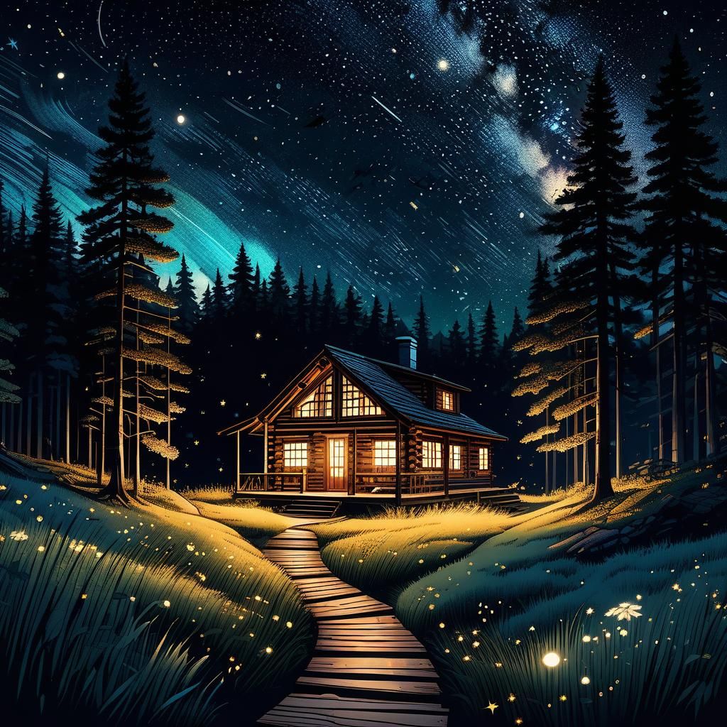 Cabin in the Woods Under Starry Night