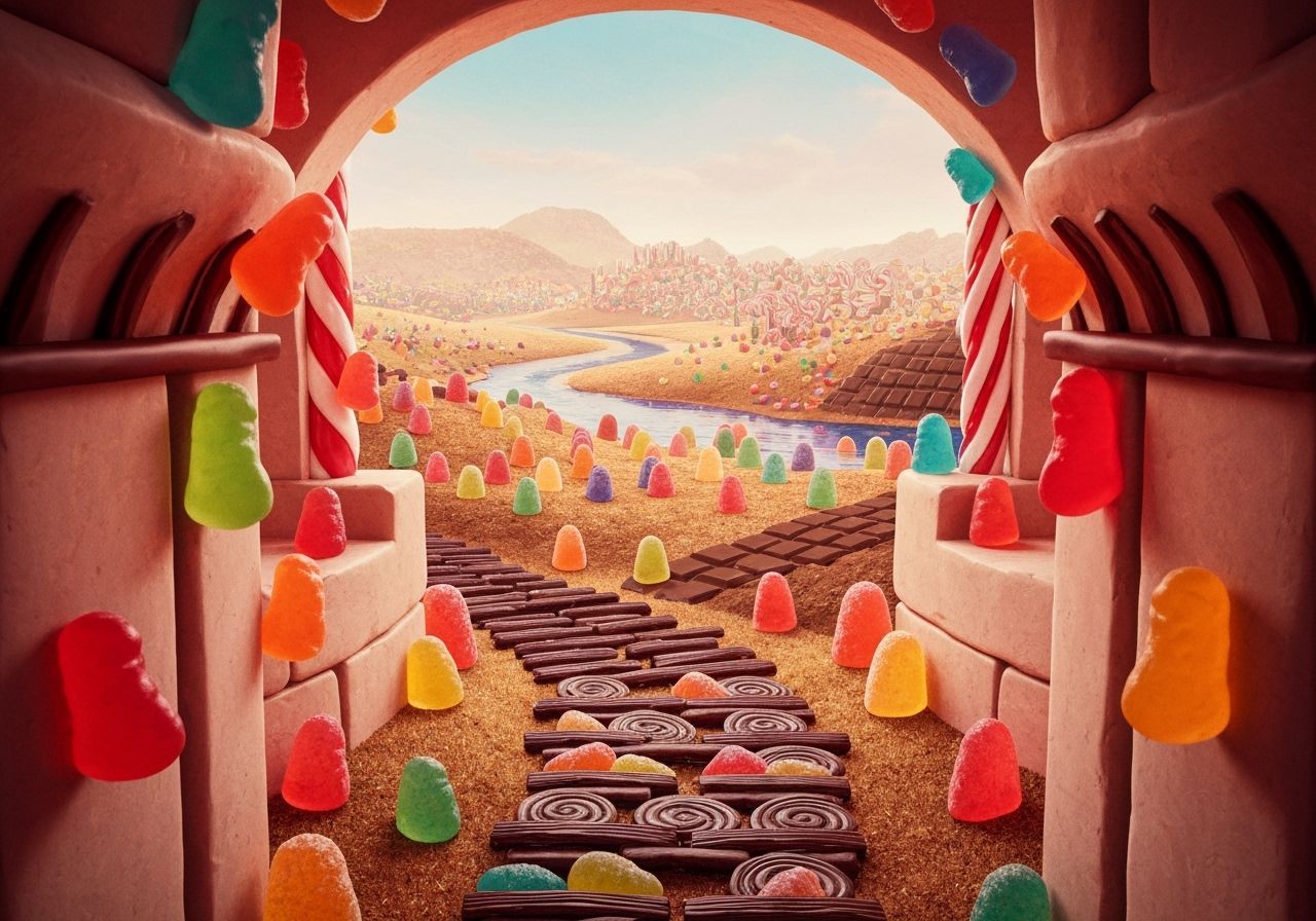 A candy castle populated by Jelly Babies. Looking over the b...