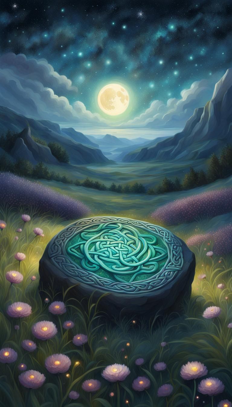 Magical Celtic Stone in Moonlit Flower Field