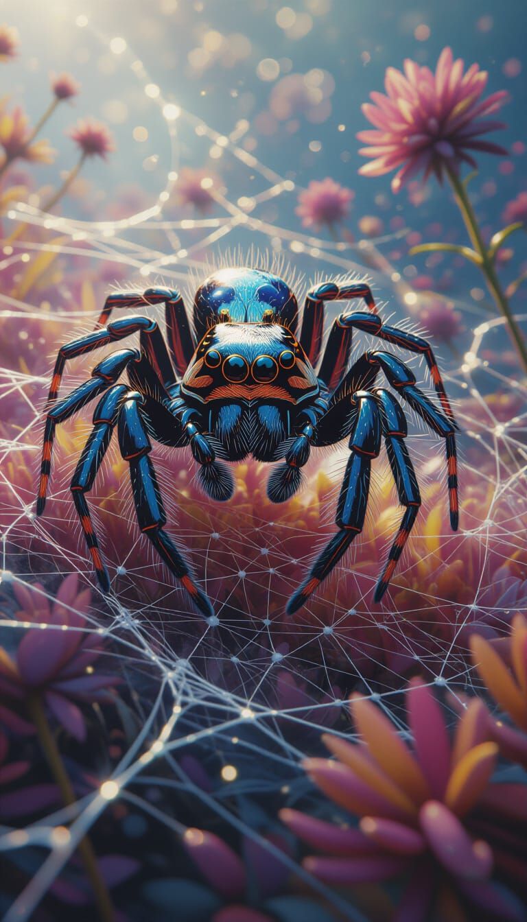 🕸A colossal jumping spider perched on a web spun from stard...