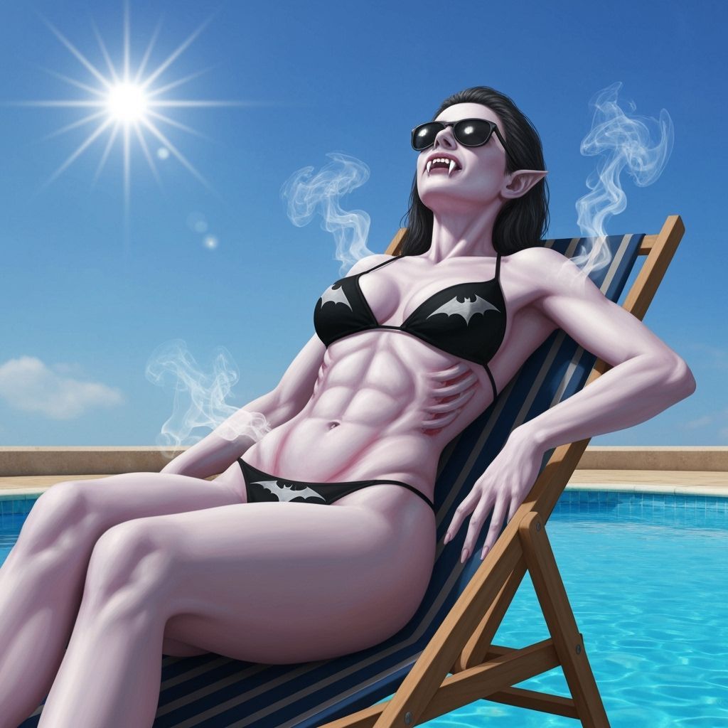 Vampire Sunbathing on Beach Chair in Fantasy Comic Style