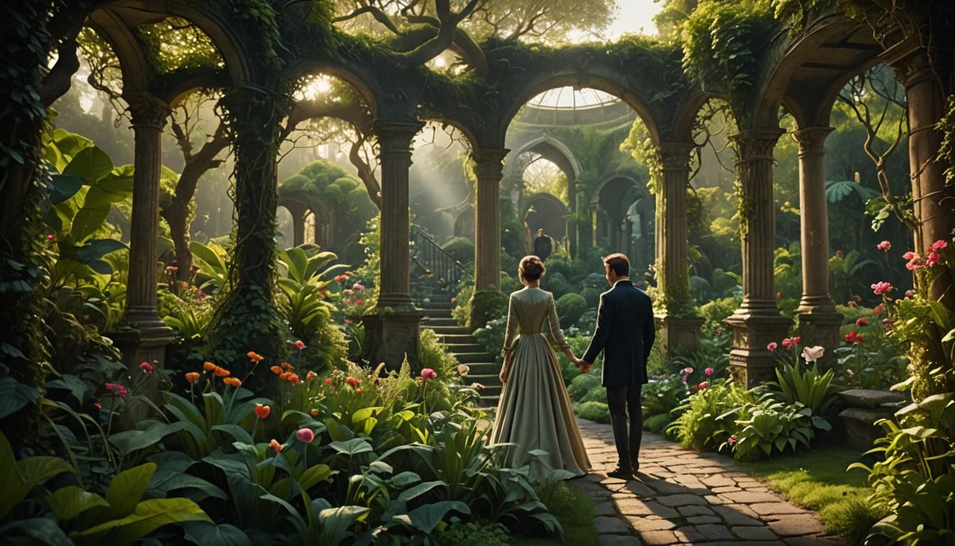 Cinematic Couple in a Detailed Secret Garden