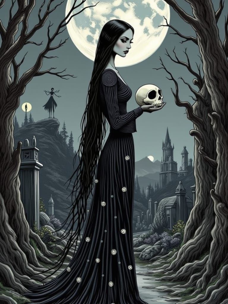 Gothic Woman with Skull in Surreal Landscape