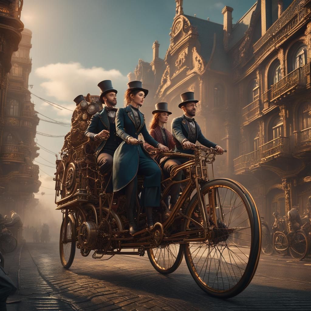 People on Tandem Bicycle in Steampunk Style