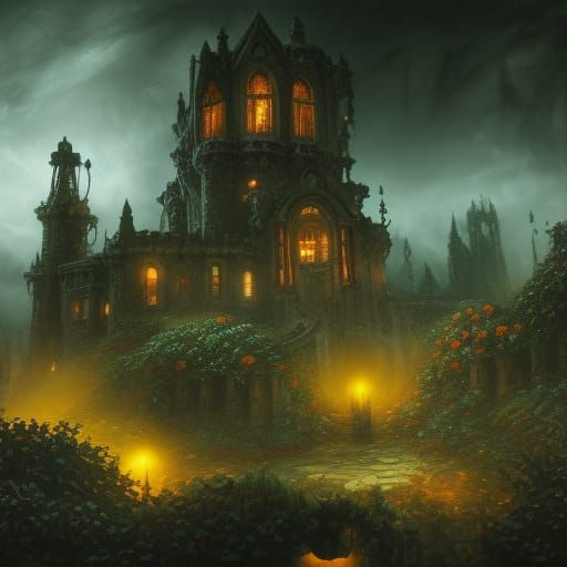 Gothic Rose Garden at Night: A Dark Castle