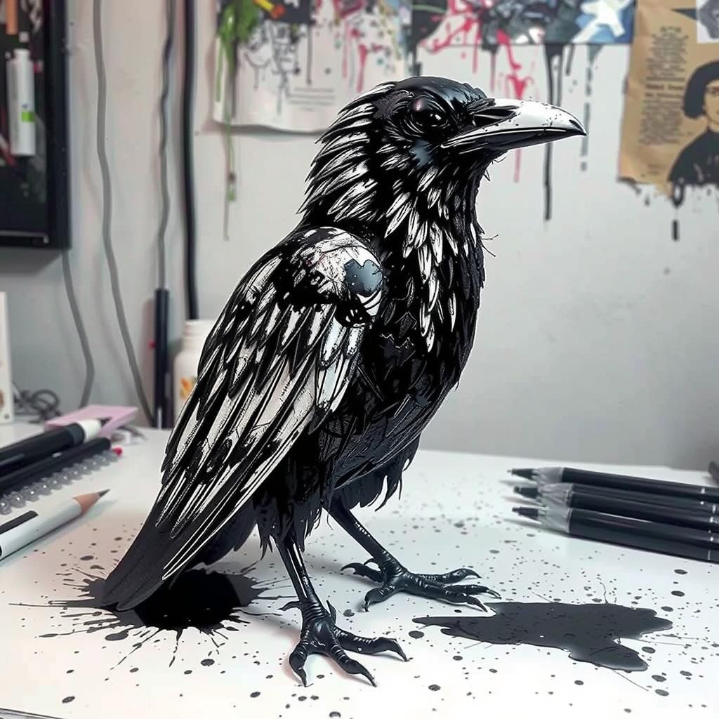 Ink Raven Materializes on Artist's Desk as Digital Art