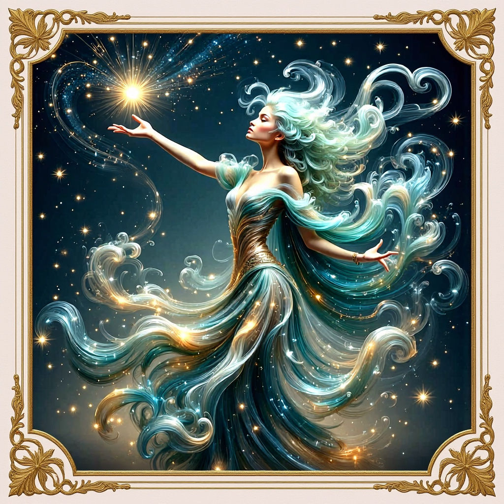 Iridescent Being Touches Stars in Art Nouveau Style