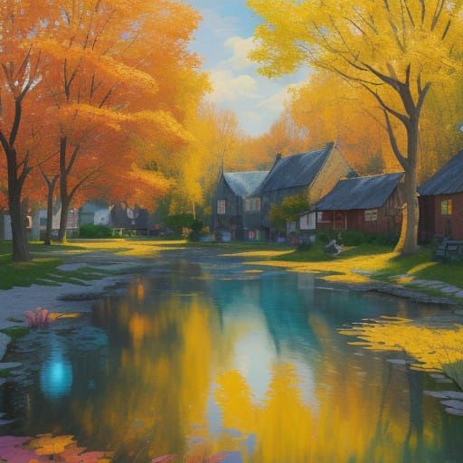 Vibrant Village Scene in Neo-Impressionist Style